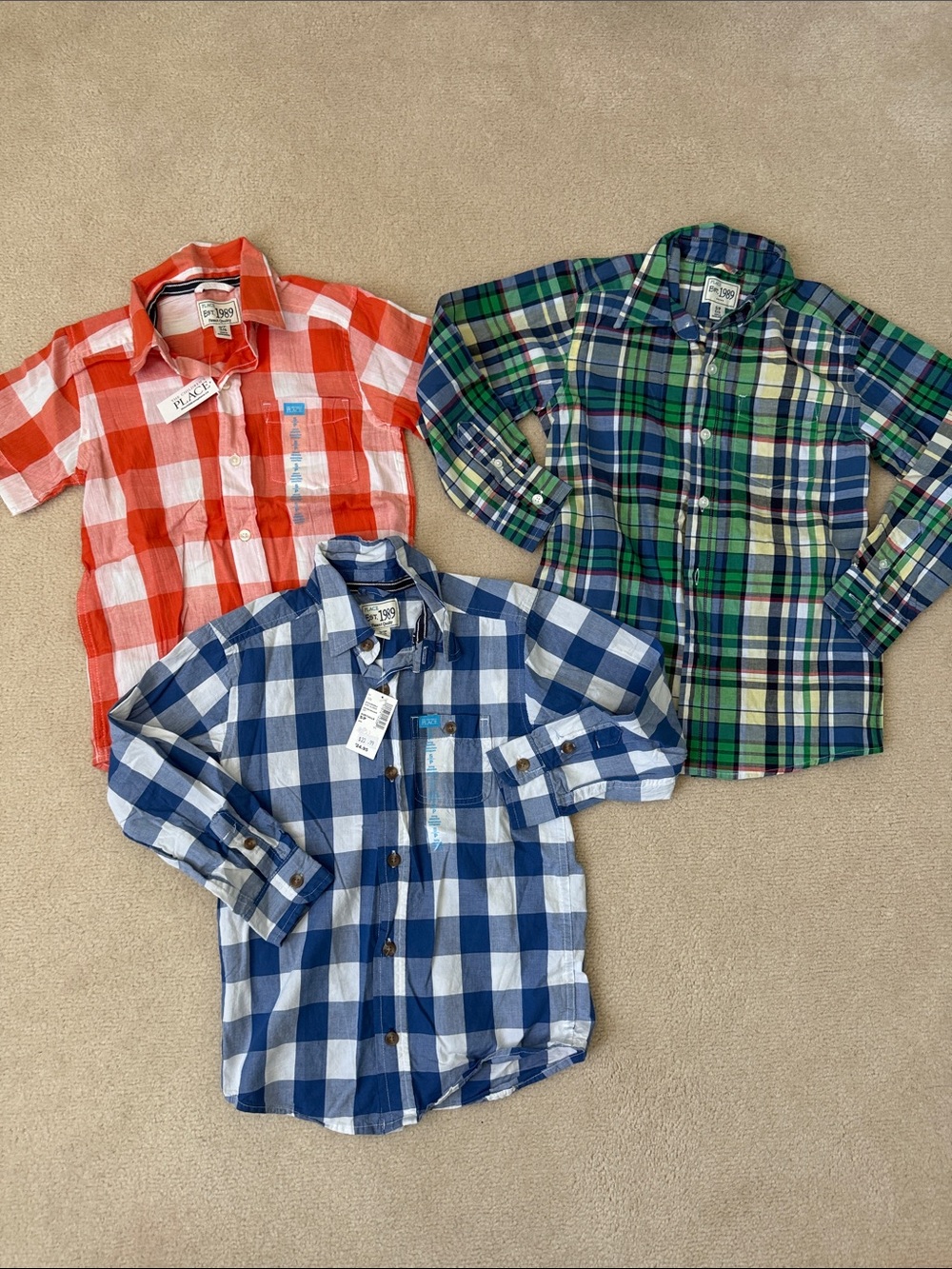 3 The Children's Place Plaid Button-Down Shirts in Blue, Green & Red
